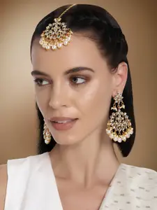Peora Gold-Toned Kundan-Studded & Pearl Earrings with Maangtikka