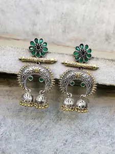 Peora Green & Gold-Toned Oxidised Silver-Plated Afghani Tribal Classic Jhumkas
