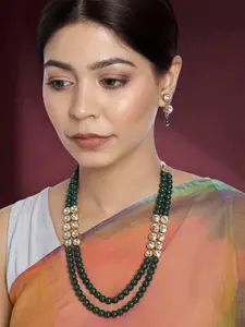 Peora Green Gold Plated Kundan Layered Necklace with Earring Jewellery Set