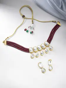 Peora Maroon Gold-Plated Crystal Studded Choker Necklace with Earrings Jewellery Set