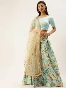 LOOKNBOOK ART Sea Green Printed Semi-Stitched Lehenga & Unstitched Blouse with Dupatta