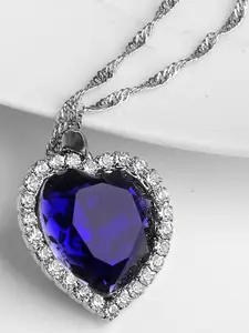 Sukkhi Rhodium-Plated Silver-Toned & Blue Artificial Stone & Swarovski Crystal Studded Heart-Shaped Pendant with Chain