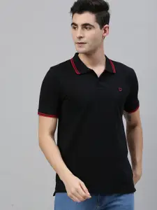 Urbano Fashion Men Black Solid Polo Collar Pure Cotton T-shirt