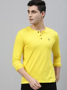 Urbano Fashion Men Yellow Solid Henley Neck Pure Cotton T-shirt