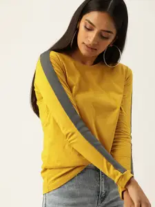 DILLINGER Women Mustard Yellow Solid Round Neck Pure Cotton T-shirt with Side Taping Detail