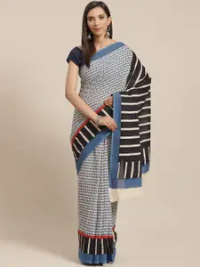 Kalakari India Blue & Off-White Block Print Handloom Sustainable Saree