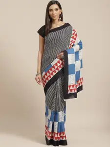 Kalakari India Blue & Off-White Striped Sanganeri Handblock Print Handloom Sustainable Saree