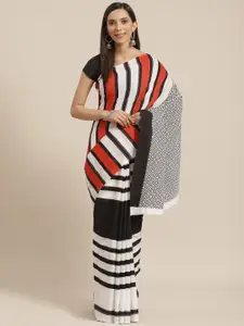 Kalakari India Black & White Handloom Pure Cotton Striped and Block Print Saree