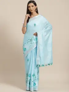 Kalakari India Blue & Green Floral Embroidered Handloom Bhagalpuri Saree