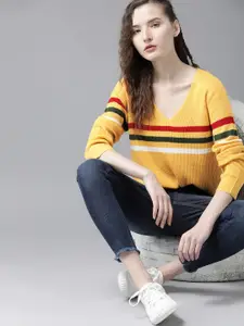 Roadster Women Yellow Striped Pullover Sweater