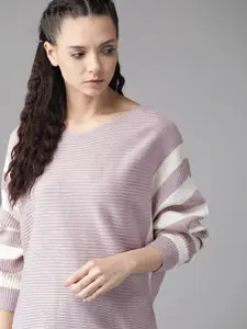 Roadster Women Lavender Self-Striped Pullover Sweater