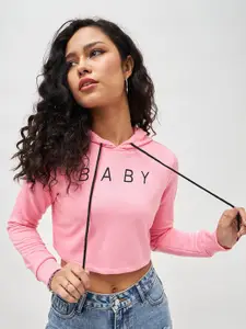 SASSAFRAS Women Pink Solid Hooded Cropped Sweatshirt with Printed Detail