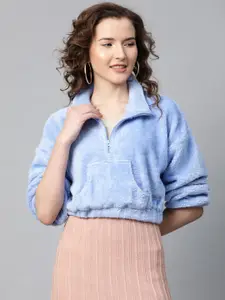SASSAFRAS Women Blue Solid Faux Fur Sweatshirt