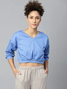 SASSAFRAS Women Blue Solid Cropped Sweatshirt