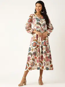 Shae by SASSAFRAS Women Off-White & Pink Printed A-Line Dress