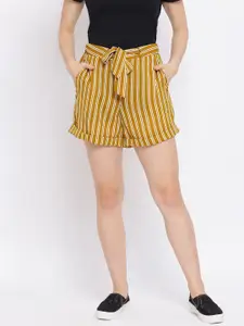 Oxolloxo Women Mustard Yellow Striped Regular Fit Regular Shorts