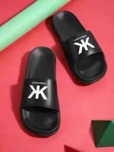 Kook N Keech Men Black Brand Logo Print Sliders