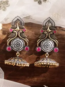 Rubans Silver-Plated & Gold-Toned Handcrafted Oxidised Peacock Shaped Jhumkas