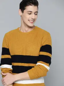 Mast & Harbour Men Mustard Yellow & Black Striped Pullover Acrylic Sweater