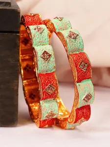 Rubans Set Of Two 22K Gold-Plated Red & sea-Green Stone-Studded Enamelled Paheli Handcrafted Bangles