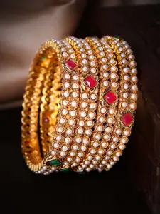 Rubans Set Of Four 22K Gold-Plated White & Pink Stone-Studded Pearl Embellished Handcrafted Bangles