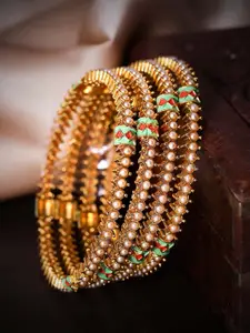 Rubans Set Of Four 22K Gold-Plated Beige & Sea-Green Pearl Embellished Enamelled Handcrafted Bangles