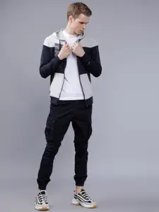 The Indian Garage Co Men Navy Blue & White Colourblocked Hooded Sweatshirt