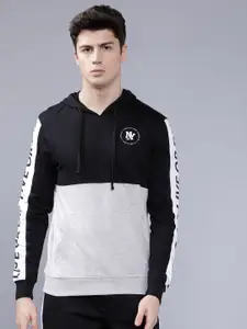 The Indian Garage Co Men Black & Grey Colourblocked Hooded Sweatshirt