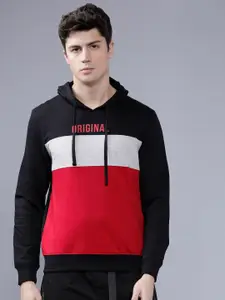 The Indian Garage Co Men Black & Red Colourblocked Hooded Sweatshirt