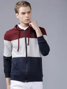 The Indian Garage Co Men Maroon & Navy Blue Colourblocked Hooded Sweatshirt