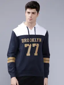 The Indian Garage Co Men Navy Blue & White Printed Hooded Sweatshirt