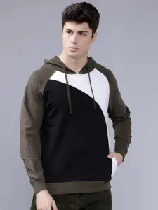 The Indian Garage Co Men Olive Green & White Colourblocked Hooded Sweatshirt