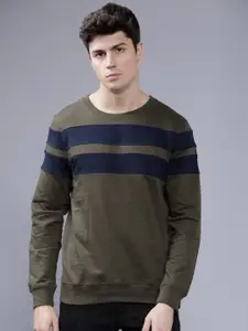 The Indian Garage Co Men Olive Green & Navy Blue Striped Sweatshirt