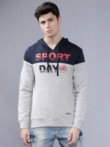The Indian Garage Co Men Grey Melange & Navy Blue Colourblocked Hooded Sweatshirt