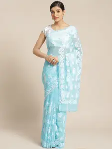 ADA Blue & White Chikankari Embroidered Handloom Saree