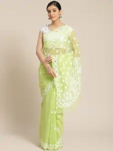 ADA Green & White Chikankari Hand Embroidered Saree