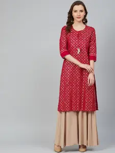 Rangriti Women Red & Golden Printed Straight Kurta