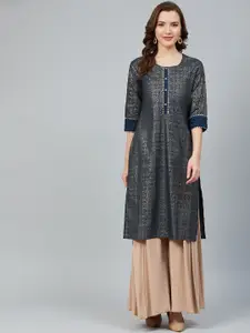 Rangriti Women Navy Blue & Golden Pure Cotton Printed Straight Kurta
