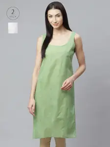 ADA Women White and Dark Green Pack of 2 Solid Handloom Slips