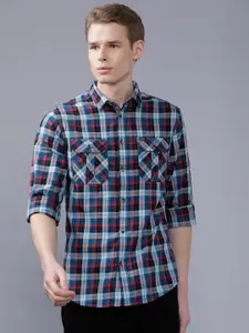 The Indian Garage Co Men Navy Blue & Black Slim Fit Checked Casual Shirt