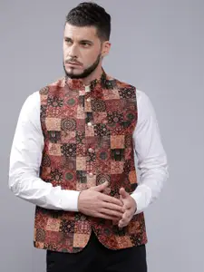 The Indian Garage Co Men Red & Brown Printed Nehru Jacket