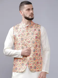 The Indian Garage Co Men Beige & Blue Floral Printed Nehru Jacket