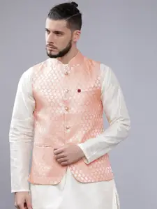 The Indian Garage Co Men Peach-Coloured Woven Design Nehru Jacket