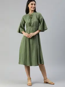 Ishin Women Olive Green Embroidered A-Line Dress With Flared Sleeves