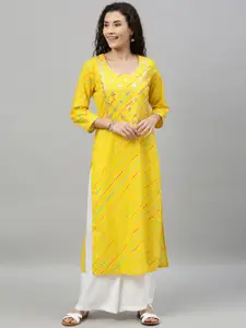 Ishin Women Yellow & Blue Leheriya Striped Straight Kurta