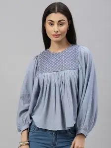 Ishin Women Blue Embroidered Pleated Pure Cotton Top