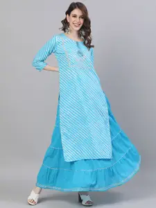 Ishin Women Blue & White Leheriya Striped Kurta with Skirt