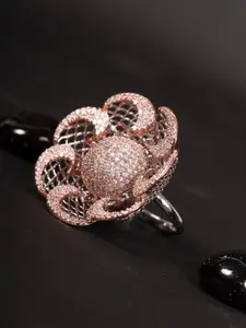 Priyaasi Silver-Toned Rose Gold-Plated Stone-Studded Handcrafted Adjustable Finger Ring