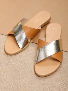 Vishudh Women Silver-Toned & Tan Brown Colourblocked Open Toe Flats