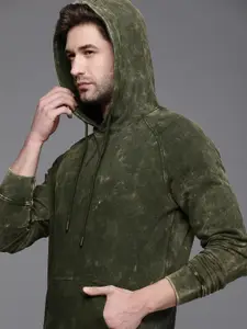 WROGN Men Olive Green Printed Slim Fit Hooded Sweatshirt